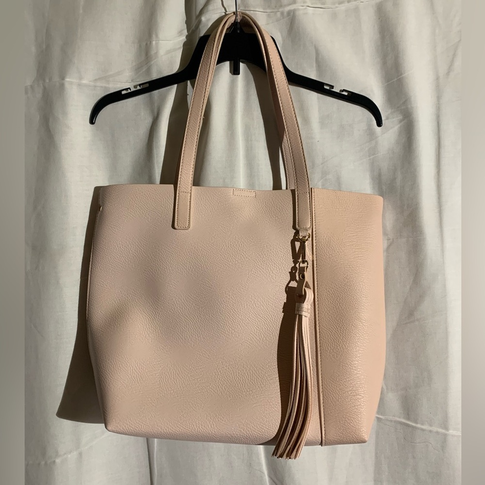Light Pink Blush Two Tone Large Faux Leather Convertible Work Tote, Ulta, Tassel
